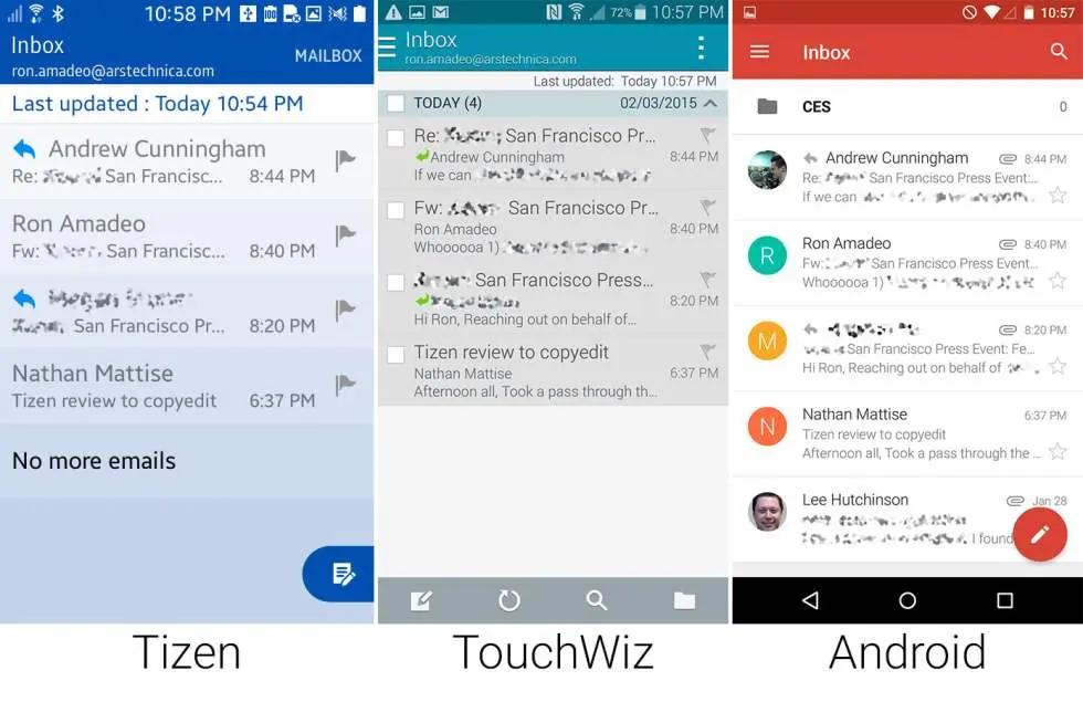 Сравнение внешнего вида Tizen, Android Lollipop, Samsung TouchWiz