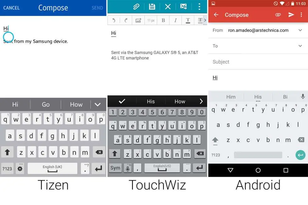 Сравнение внешнего вида Tizen, Android Lollipop, Samsung TouchWiz