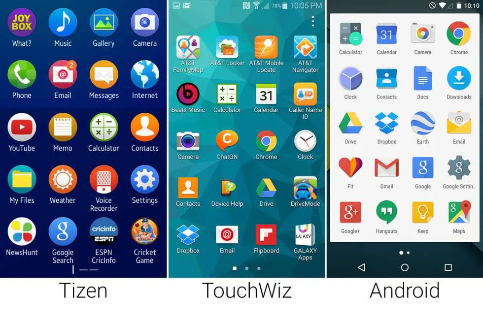 Сравнение внешнего вида Tizen, Android Lollipop, Samsung TouchWiz