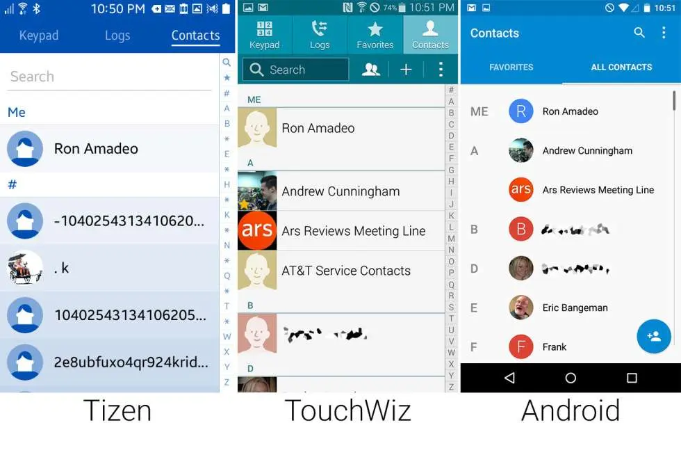 Сравнение внешнего вида Tizen, Android Lollipop, Samsung TouchWiz