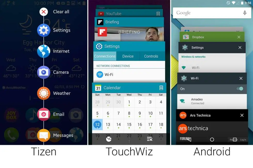 Сравнение внешнего вида Tizen, Android Lollipop, Samsung TouchWiz