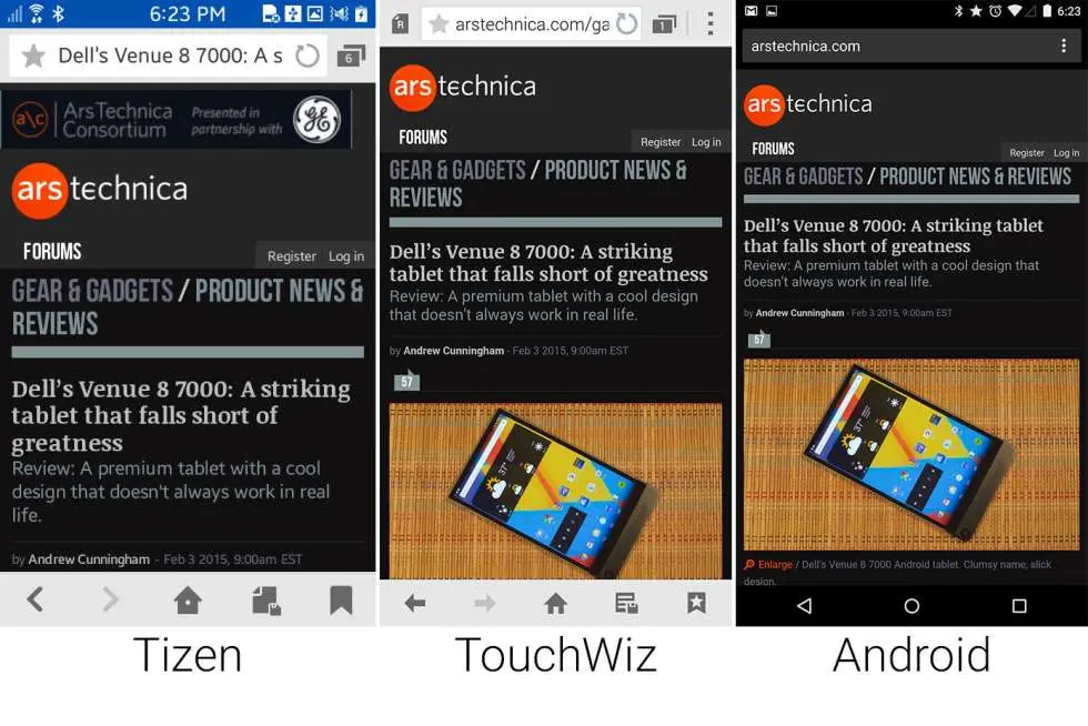 Сравнение внешнего вида Tizen, Android Lollipop, Samsung TouchWiz