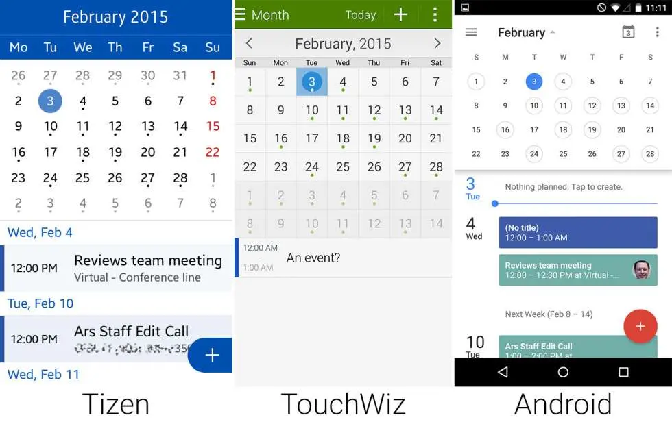 Сравнение внешнего вида Tizen, Android Lollipop, Samsung TouchWiz