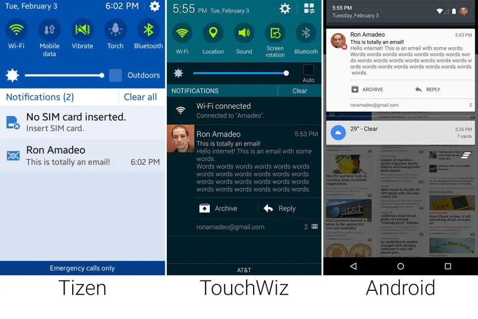 Сравнение внешнего вида Tizen, Android Lollipop, Samsung TouchWiz