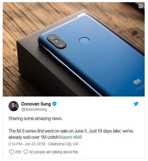 Миллион штук Xiaomi Mi&nbsp;8 продан за&nbsp;18 дней