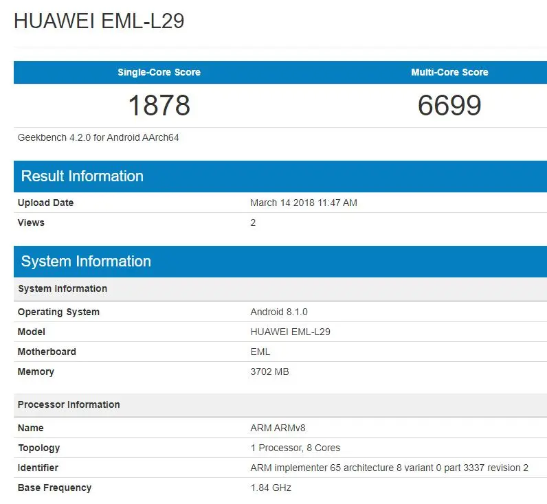 Результат тестирования Huawei P20 в&nbsp;Geekbench на&nbsp;уровне Galaxy S8