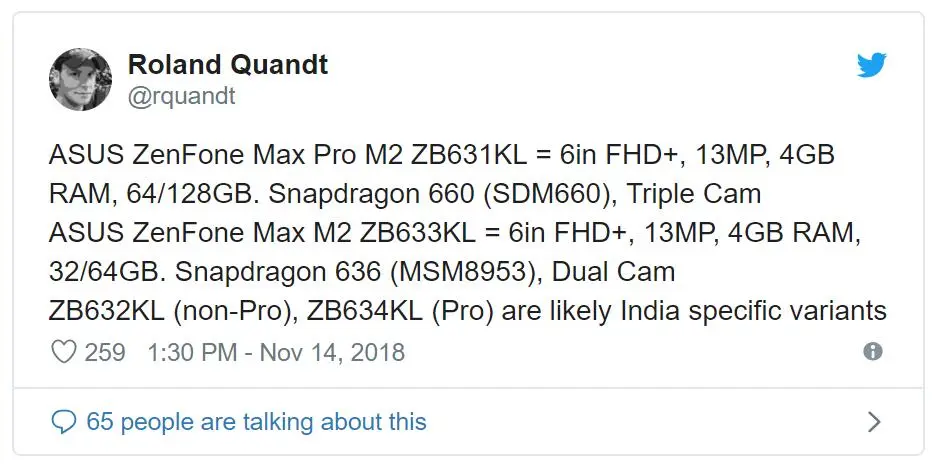Появились спецификации Asus Zenfone Max M2 и&nbsp;M2 Pro