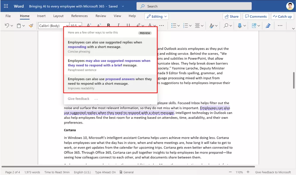 Microsoft Word научился рерайту