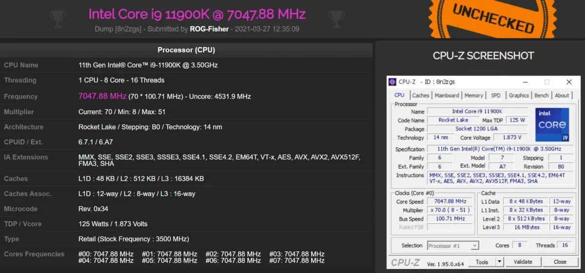 Intel Core i9-11900K разогнали до 7048 МГц при 1,873 В