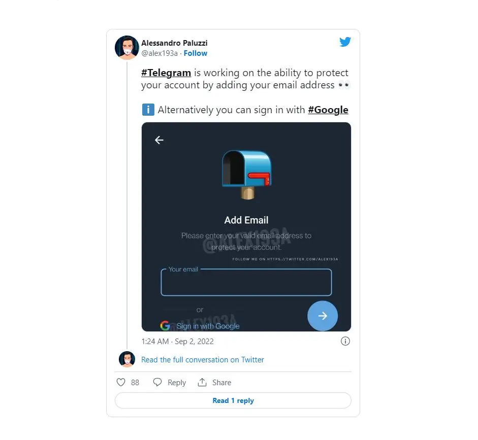 Telegram, похоже, готовится дать привязку email к аккаунтам