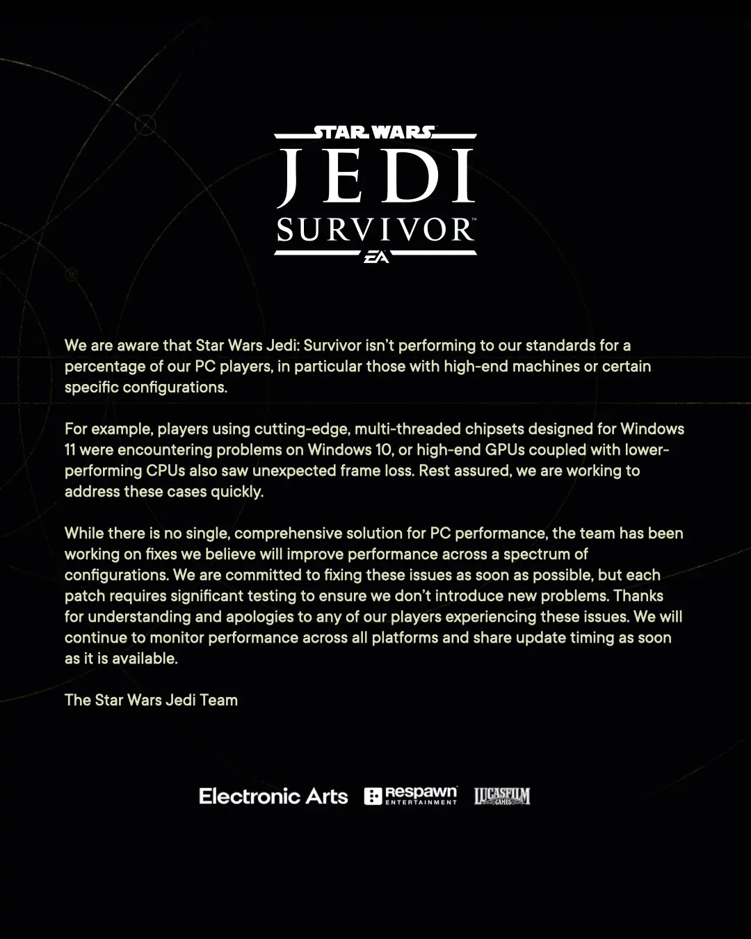 Разработчики извинились перед игроками за качество Star Wars Jedi: Survivor на PC