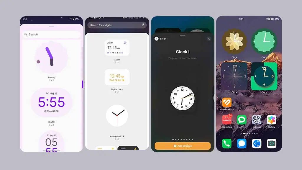 Сравнение: виджеты часов в Android 14, One UI 6, iOS 17, HarmonyOS 4