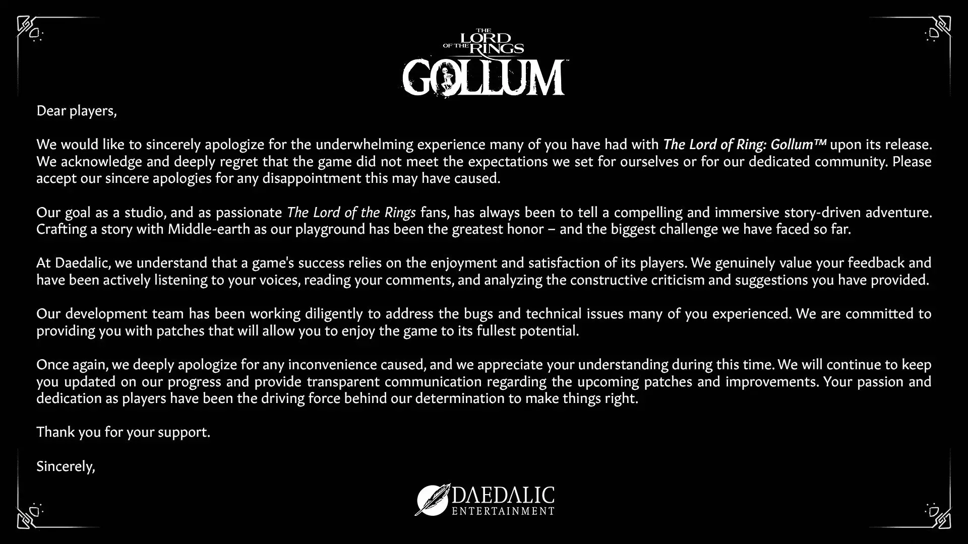 Разработчики The Lord of the Rings: Gollum обратились к игрокам после провала игры