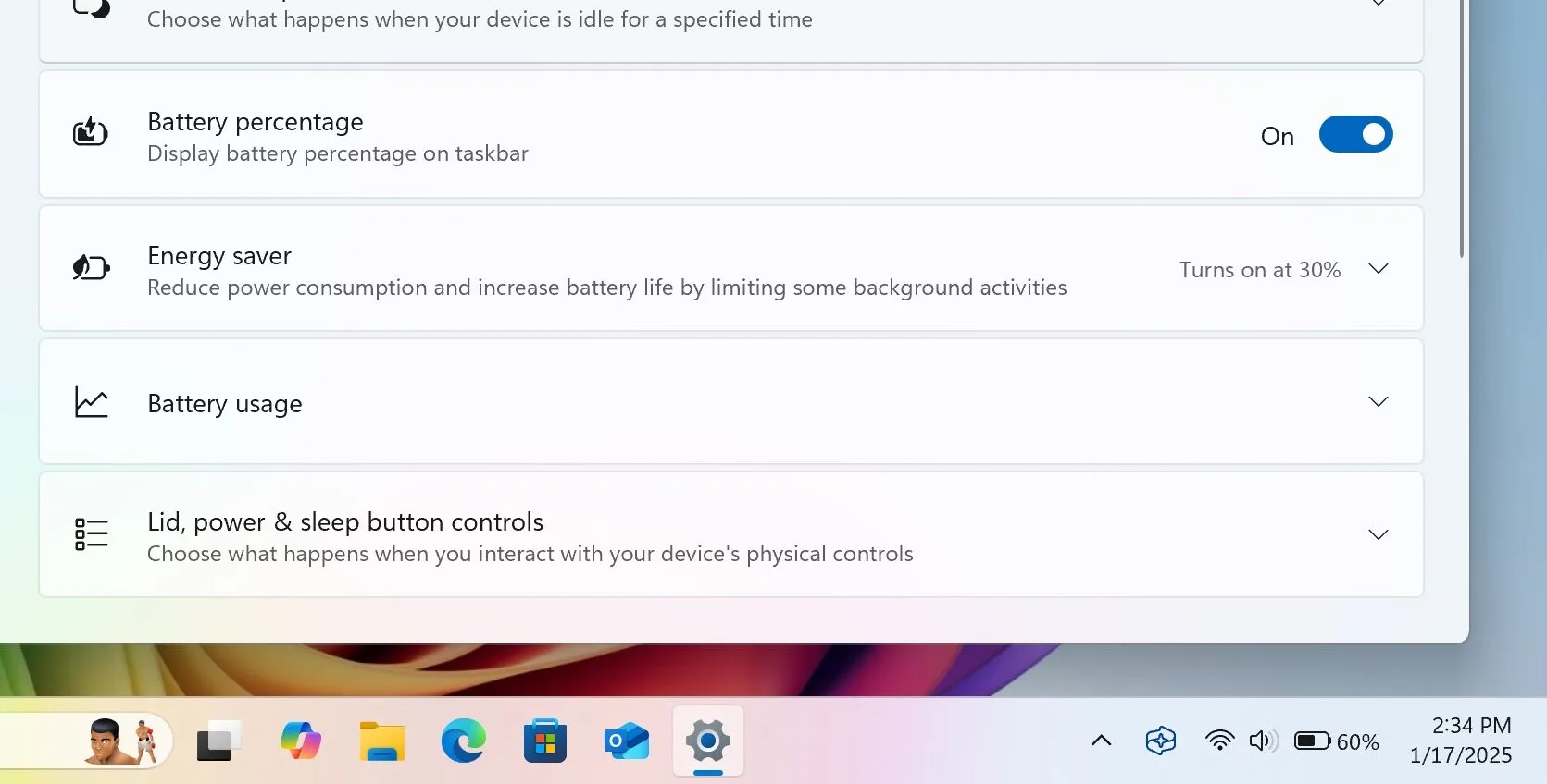 Настройка индикатора заряда батареи в Windows 11