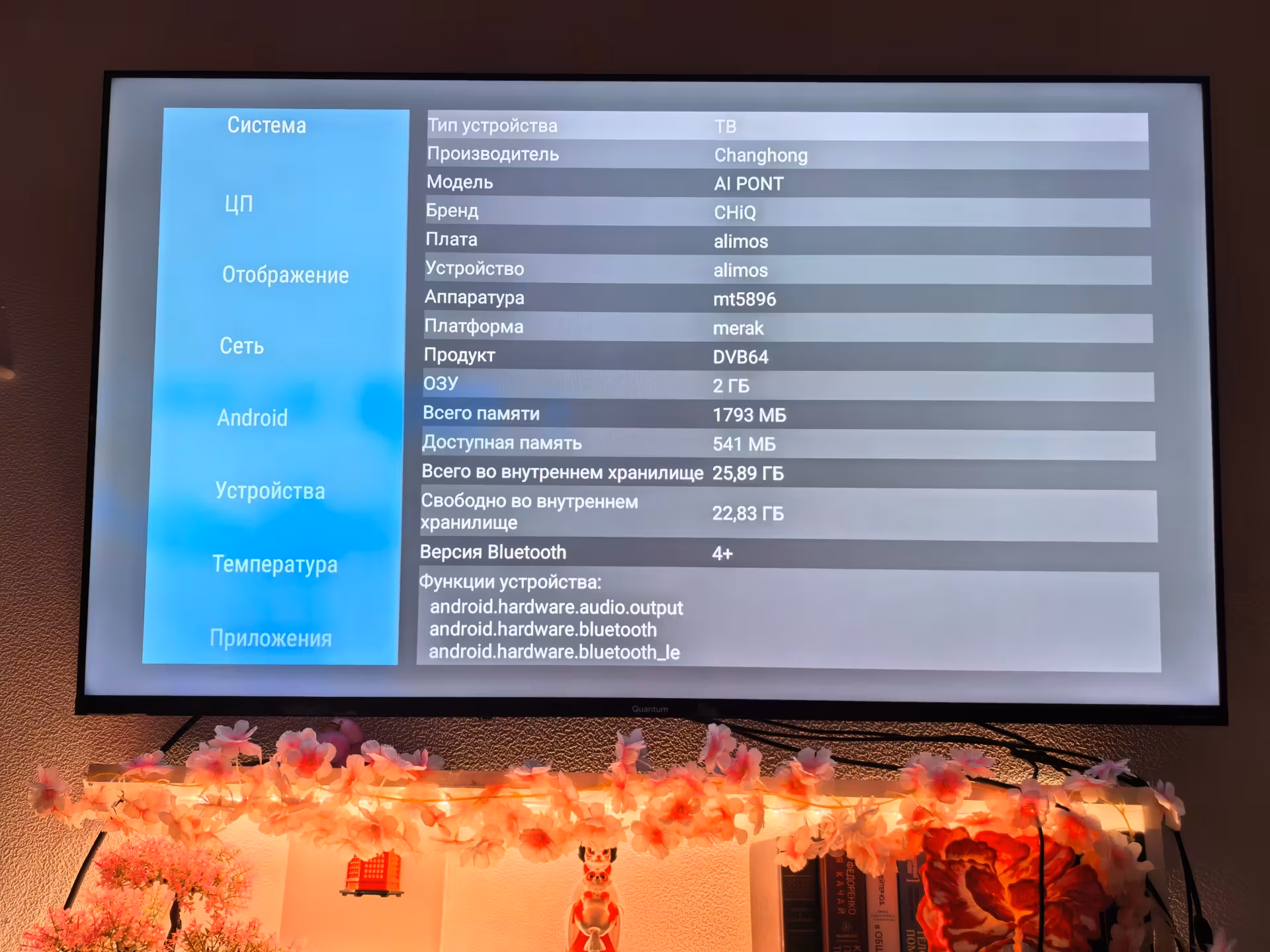 Диагностика в AIDA64 раскрыла приятные сюрпризы: платформу от Changhong на чипе MediaTek MT5896, свежий Android 14 и почти 23 ГБ свободной памяти