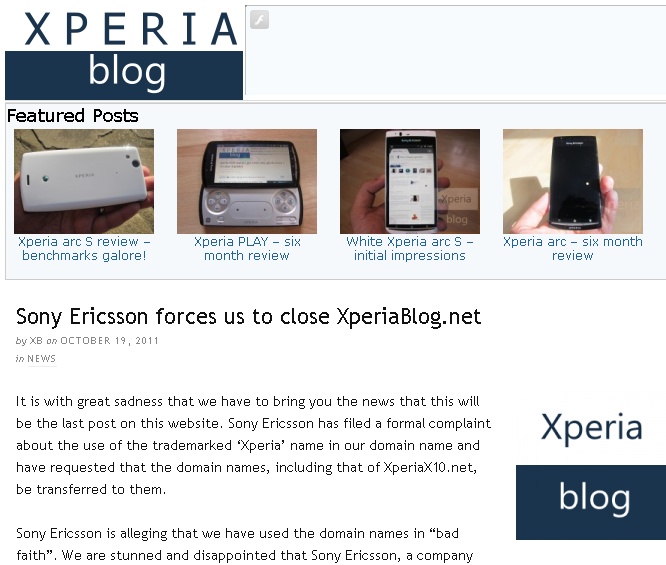 Sony Ericsson отбирает домены, содержащие "Xperia"